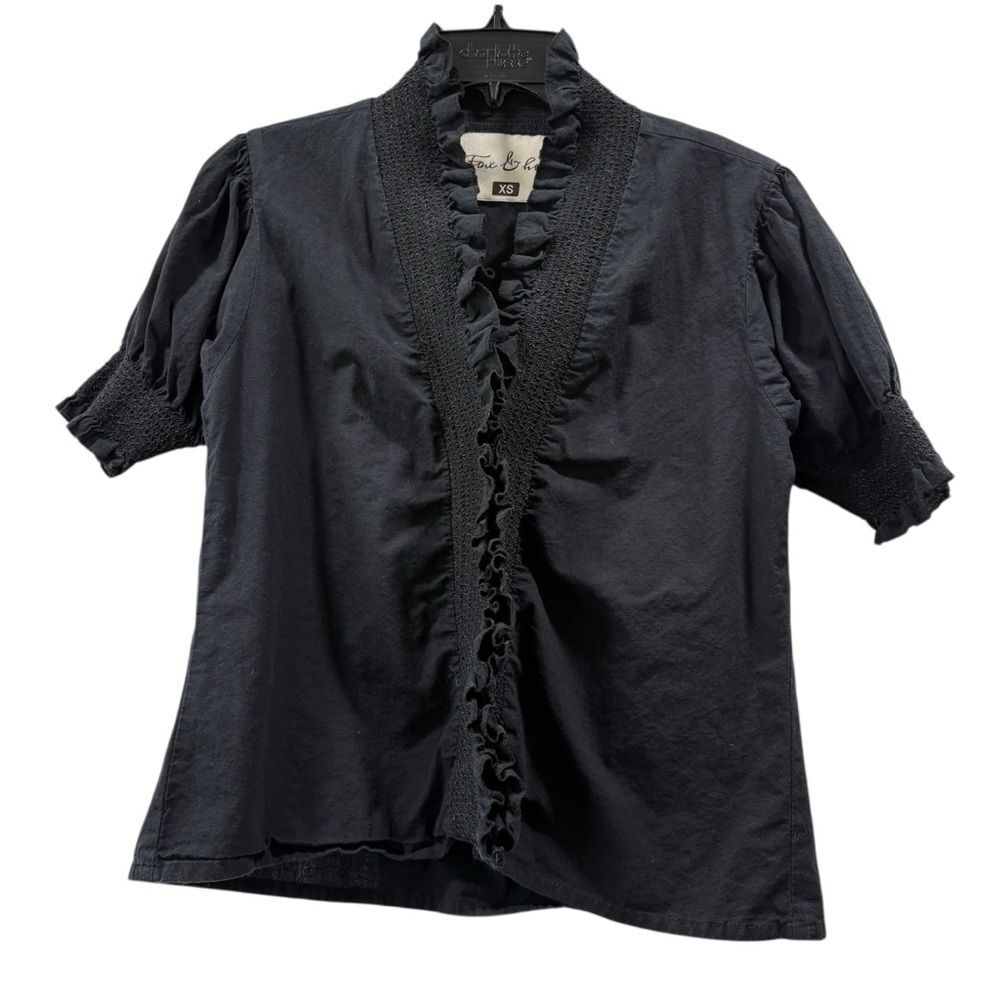 Fox & Hen Black Ruffle Trim Snap Front Blouse Top Size XS